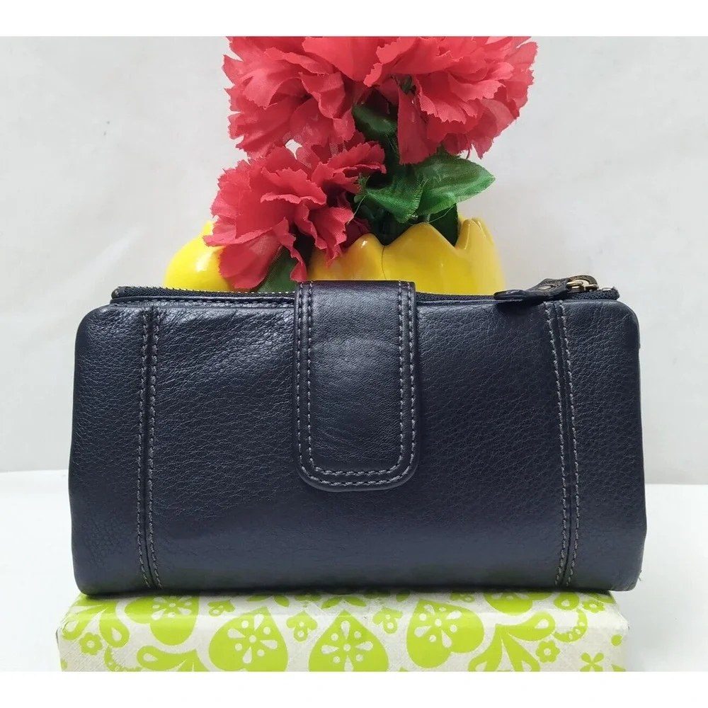 Fossil Black Pebbled Leather Credit Card ID Window Zipper Closure Wallet